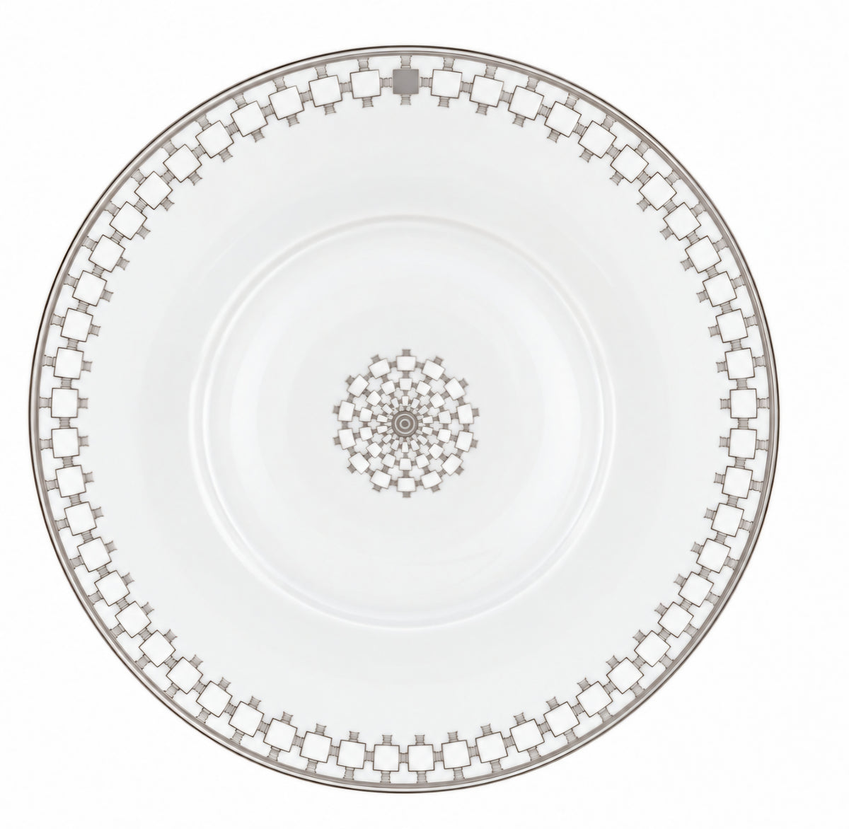 White Home Platinum dinner plate by Mottahedeh/Robert Haviland with a geometric metallic silver border pattern and a matching circular design in the center.