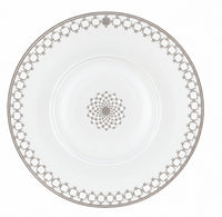 White Home Platinum dinner plate by Mottahedeh/Robert Haviland with a geometric metallic silver border pattern and a matching circular design in the center.