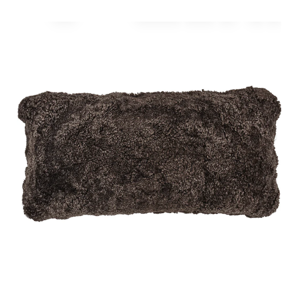 The Natures Collection Sheepskin Short Wool Lumbar Pillow in Cappuccino features a rectangular shape, dark brown hue, and soft textured surface, shown against a white background.