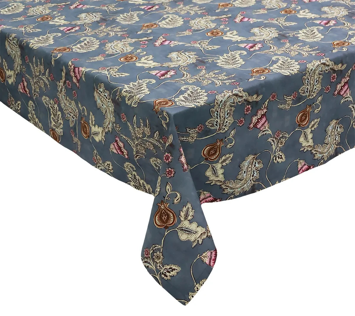 A rectangular table covered with the Kim Seybert Paisley Vine Tablecloth in Blue & Gray (54x126″)—a blue and gray tablecloth featuring an intricate floral and paisley pattern in cream, brown, and pink accents.