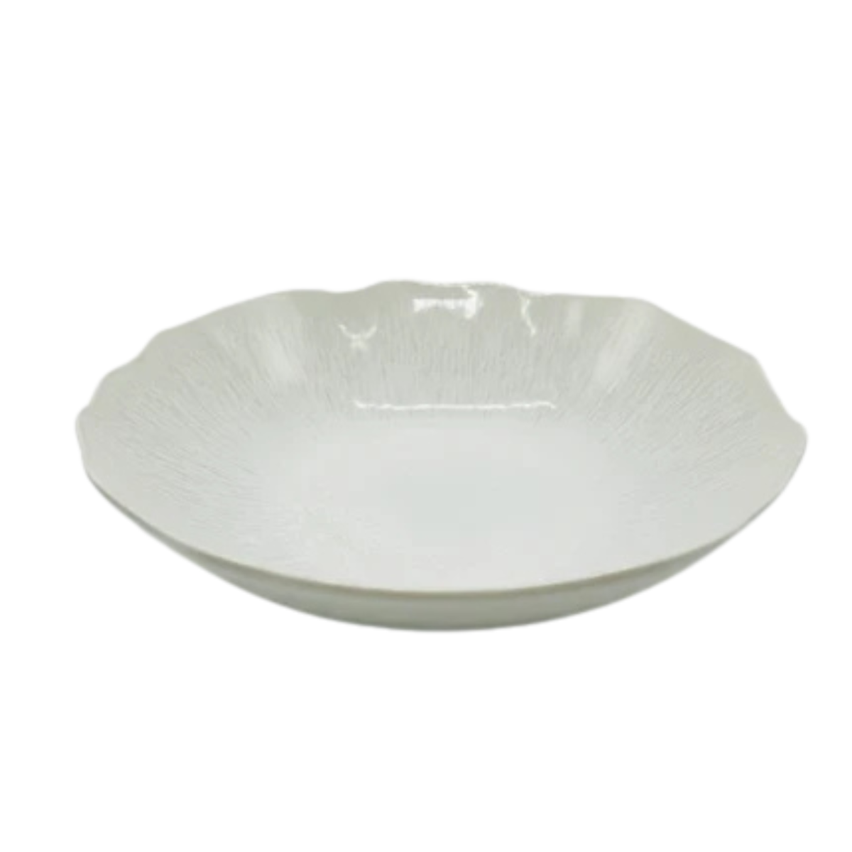 A white, round, shallow bowl with a slightly scalloped rim from the Jars - Rosenthal Plume White Dinnerware Pearl collection, set against a plain white background.
