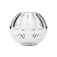 The Karen Rose Bowl 6″ by William Yeoward—a round, clear glass vase featuring intricate, raised dotted and scalloped patterns reminiscent of a handmade crystal rose bowl—is displayed on a plain white background.