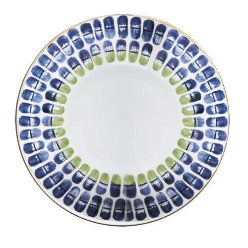 The Marie Daâge Ronde de Maille 1 plate by Marie Daâge is a white Limoges porcelain round plate with a gold rim, featuring blue and green strokes—ideal for adding elegance to your dinnerware collection.