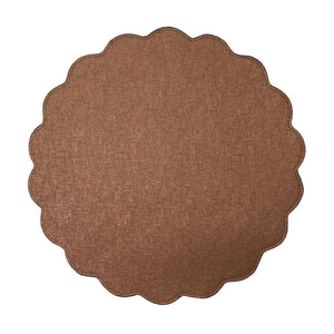 The Victoria Round Scallop Placemat Set of 4 by Deborah Rhodes features textured brown placemats with visible stitching, crafted for easy care, and shown on a white background.