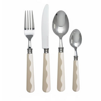 Four pieces of the Addison Ross Wave Outdoor Flatware—fork, knife, tablespoon, and teaspoon—each crafted from 18/10 stainless steel with a gleaming finish and distinctive cream-colored wavy handles, are displayed upright against a white background. This elegant Wave Outdoor Flatware Set (Service for 4) combines style and durability, adding the sophisticated look of cappuccino-handled flatware to any dining occasion.
