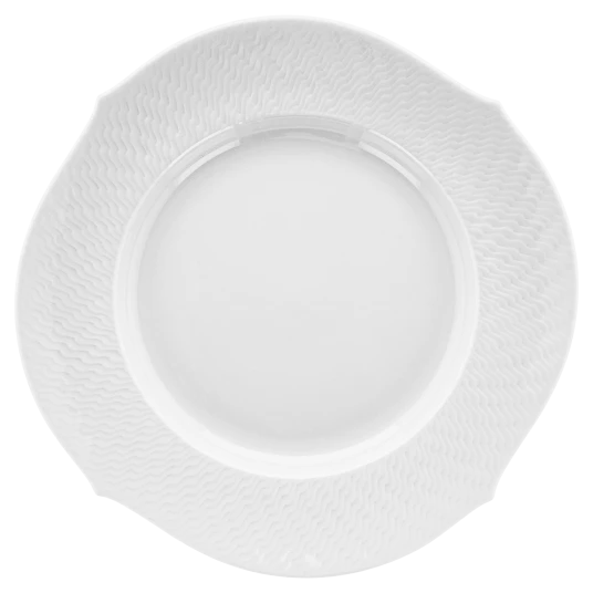 A white, round porcelain plate from the Meissen Waves Relief collection, featuring a textured wavy rim inspired by the iconic MEISSEN Waves Relief design, viewed from above on a plain light background.