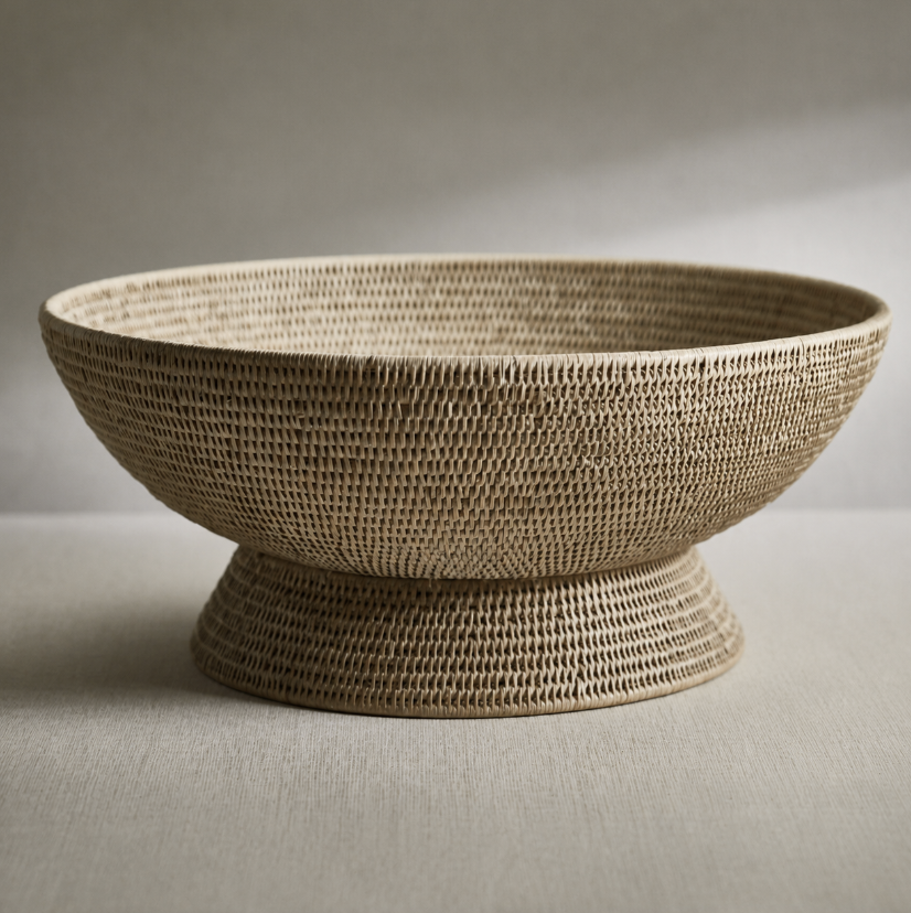 The Lola Oversized Rattan Footed Bowl by Zodax features a shallow, round silhouette with a wide base and gently sloping sides, handwoven from rattan. Displayed on a neutral-colored surface against a soft background, it makes a beautiful decorative centerpiece for any space.