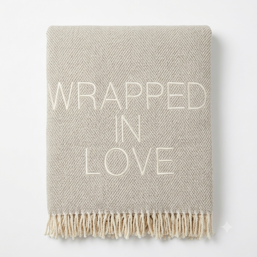The A Soft Idea Wrapped in Love Throw is a beige woven blanket with fringe and "WRAPPED IN LOVE" in bold white letters—perfect as a cozy, thoughtful holiday gift.