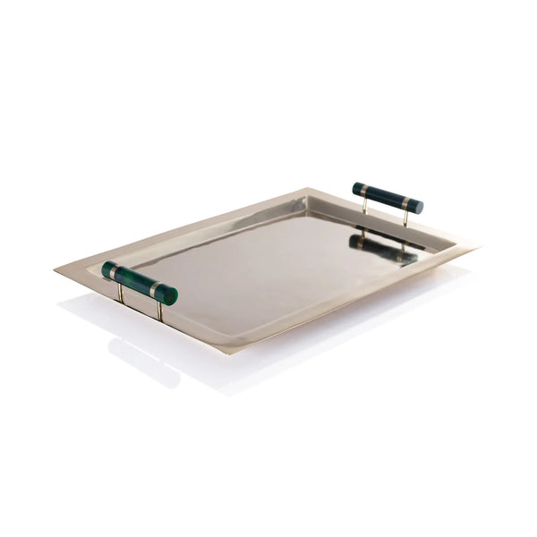 The Spector Serving Tray by Zodax features a rectangular gold design with raised edges and two cylindrical green marbled handles, making it ideal for stylish barware. Shown on a white background.