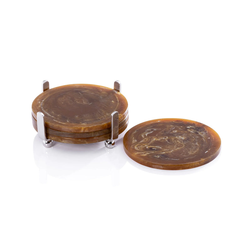 The Zodax Spector Round Coaster Set in amber includes four marbled coasters—three stacked in a polished nickel stand, one in front—perfect for modern hosts. Displayed against a white background.