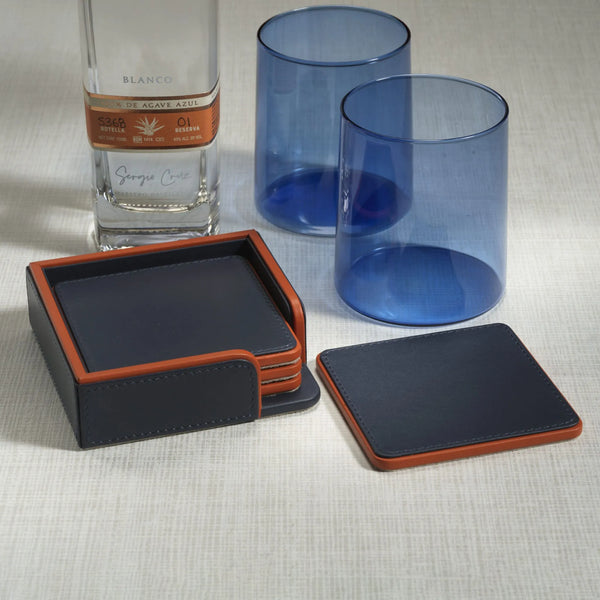 Napoli Leather Coaster Set of 4 - Navy & Orange