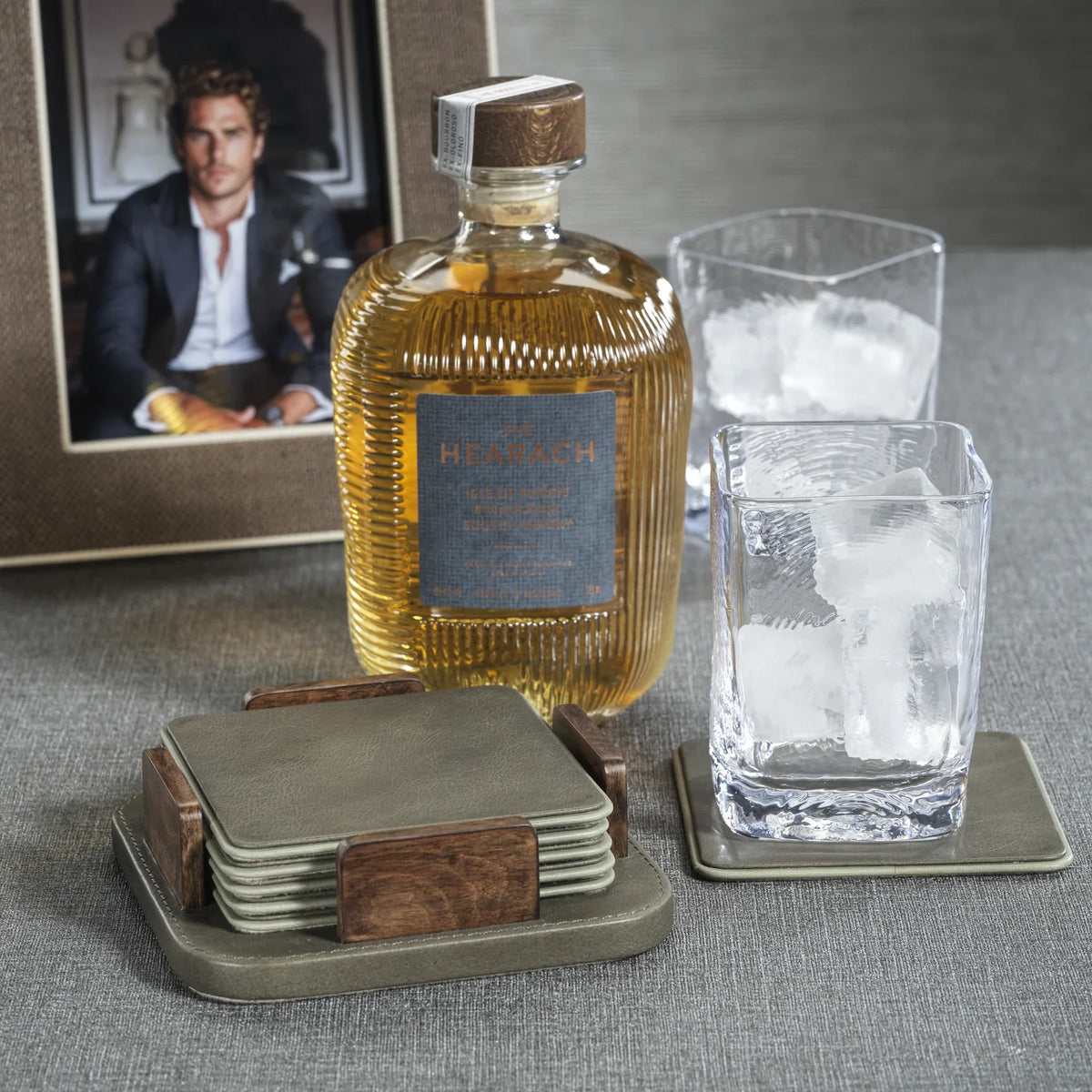 Leather & Veneer Coaster Set - Cedar Green