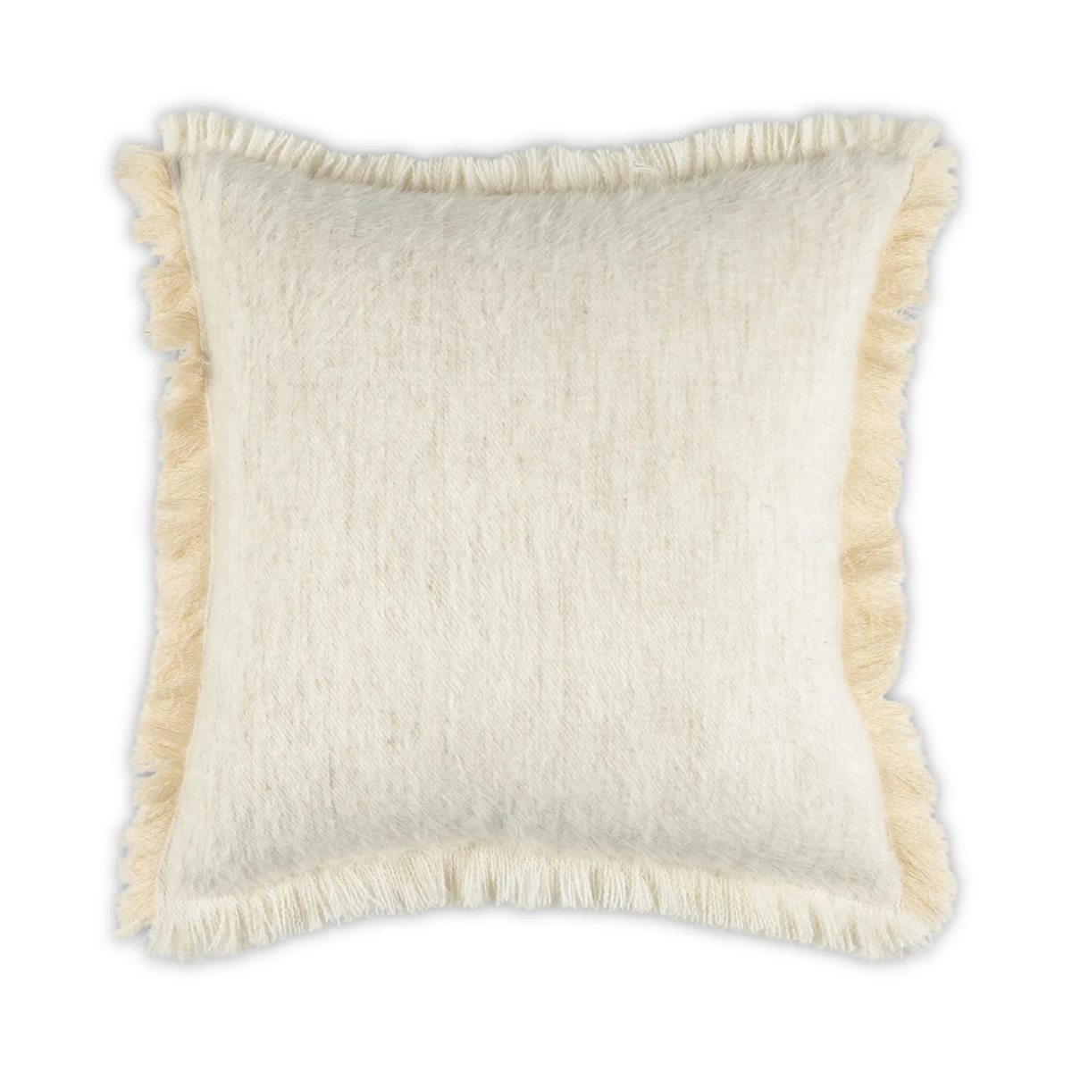 The Cosy Frayed Pillow - Bisque 22 x 22 by Moss Studio features a square, cream-colored design with a soft, textured surface and light beige fringe along the edges, beautifully displayed against a white background.