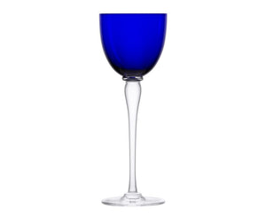 A blue Amadeus Hock Stemware wine glass by Saint-Louis/Hermes with a clear, slender stem and round base is displayed against a plain white background.