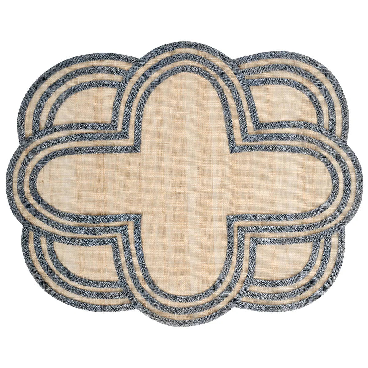 The Juliska Scallop Stripe Placemat features a beige center with an intricate blue border in an overlapping, scalloped quatrefoil pattern for a symmetrical, decorative look.