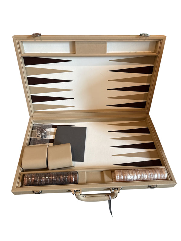 The Viceroy Backgammon - Tan 18" set by Tizo features an open faux leather case in tan, with a sophisticated brown and white playing surface, neatly organized checkers, dice cups, dice, and a doubling cube—ideal for anyone looking for a luxurious board game experience.