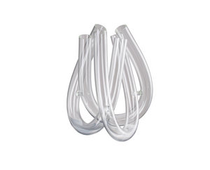 The Trui Vase by Rosenthal showcases interconnected, looping clear glass tubes that curve upward, creating an abstract sculptural silhouette—an elegant and striking design from the renowned brand Rosenthal.