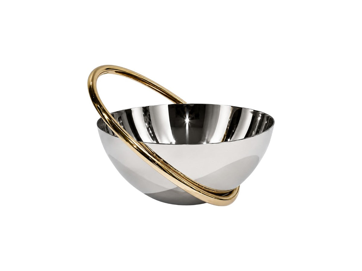 A gleaming stainless steel bowl featuring a bold, smooth gold ring encircling its rim stands out against a simple white backdrop—Anna New York’s Ring Nut Bowl adds an elegant touch of luxury to your home décor.