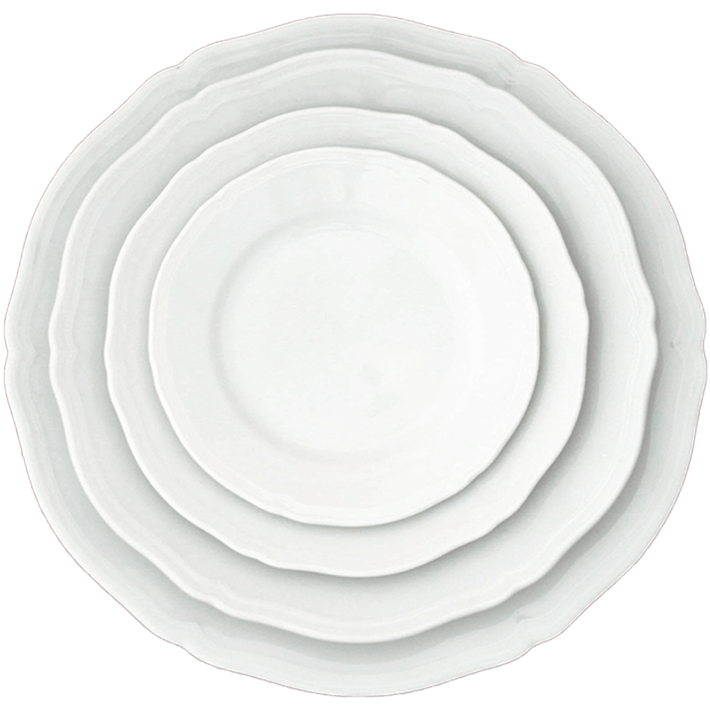 Three stacked white Ginori 1735 Antico Doccia dinner plates with scalloped rims and timeless style, viewed from directly above.