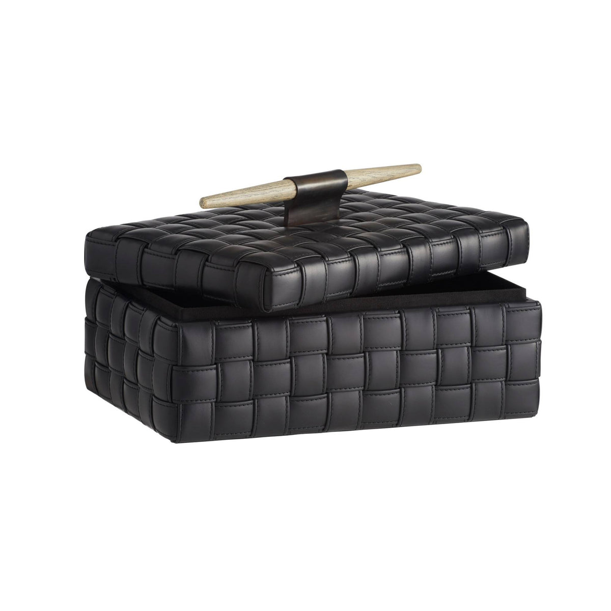 The Humphrey Box by Arteriors is a black leather rectangular organizer with a basketweave pattern, featuring a partially open lid and horizontal wooden handle, shown on a white background.