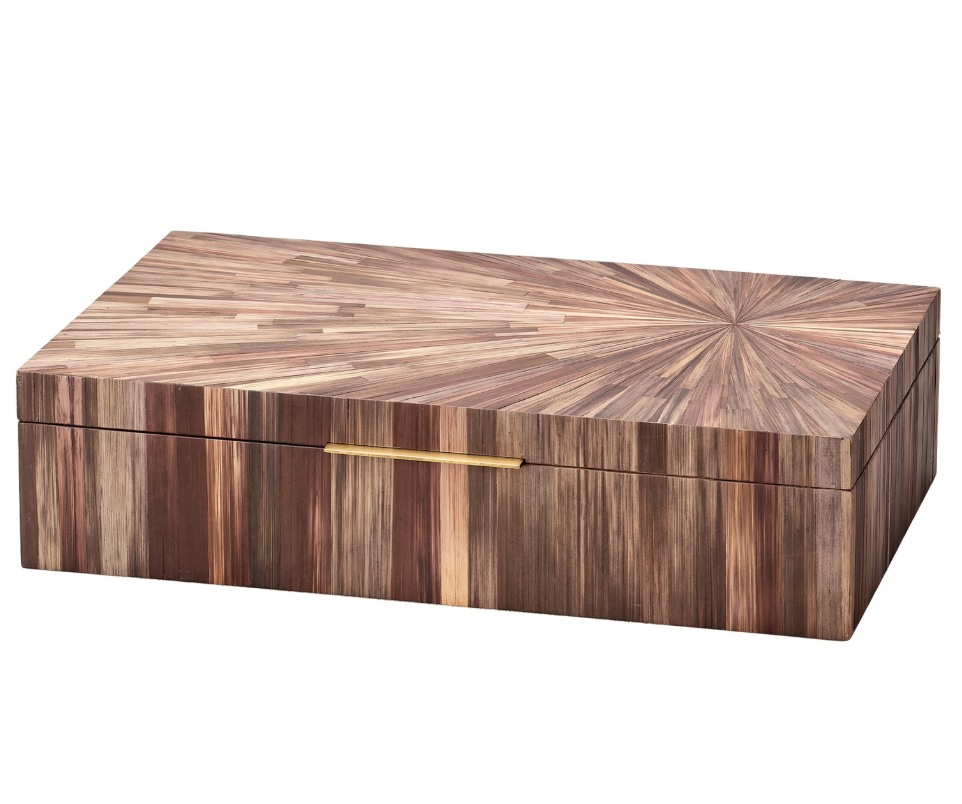 The Palm Marquet Box - Brown by Jamie Young features a rectangular wooden silhouette with a sunburst marquetry pattern, a smooth finish, and a horizontal gold-colored handle on the front. Its neatly fitted lid blends classic mid-century storage box design with timeless style.