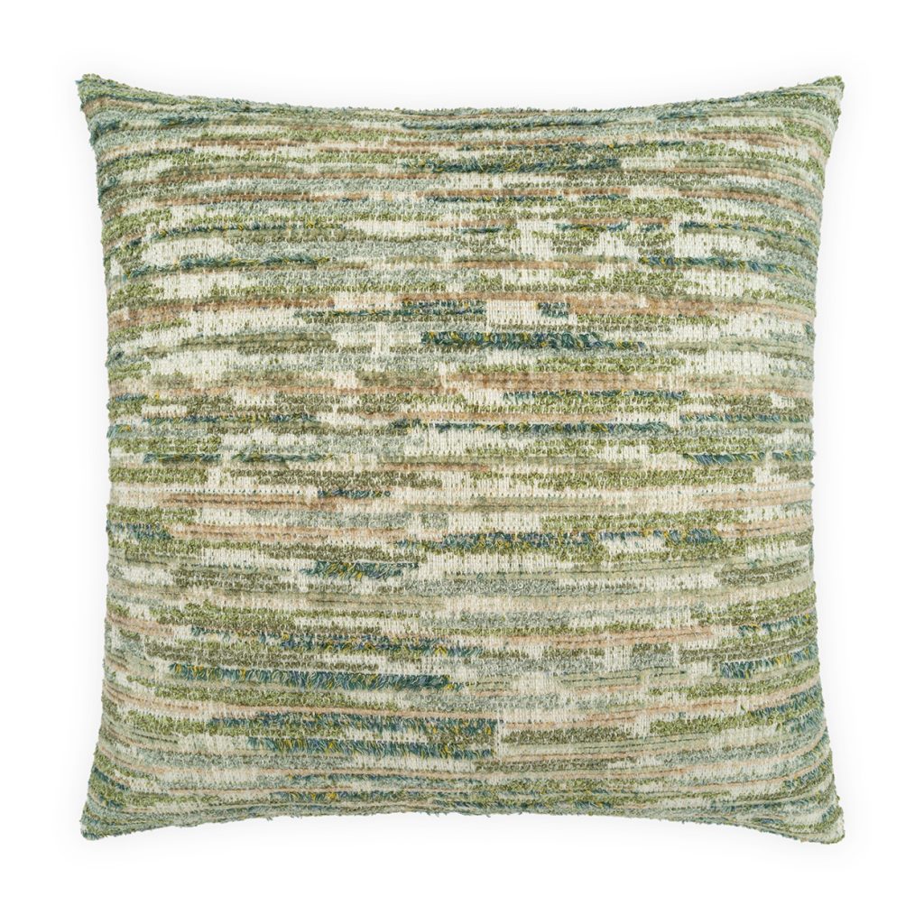 Bluffstone Pillow Meadow square accent pillow featuring a textured, multicolored horizontal stripe pattern in shades of green, blue, and tan with an organic texture.