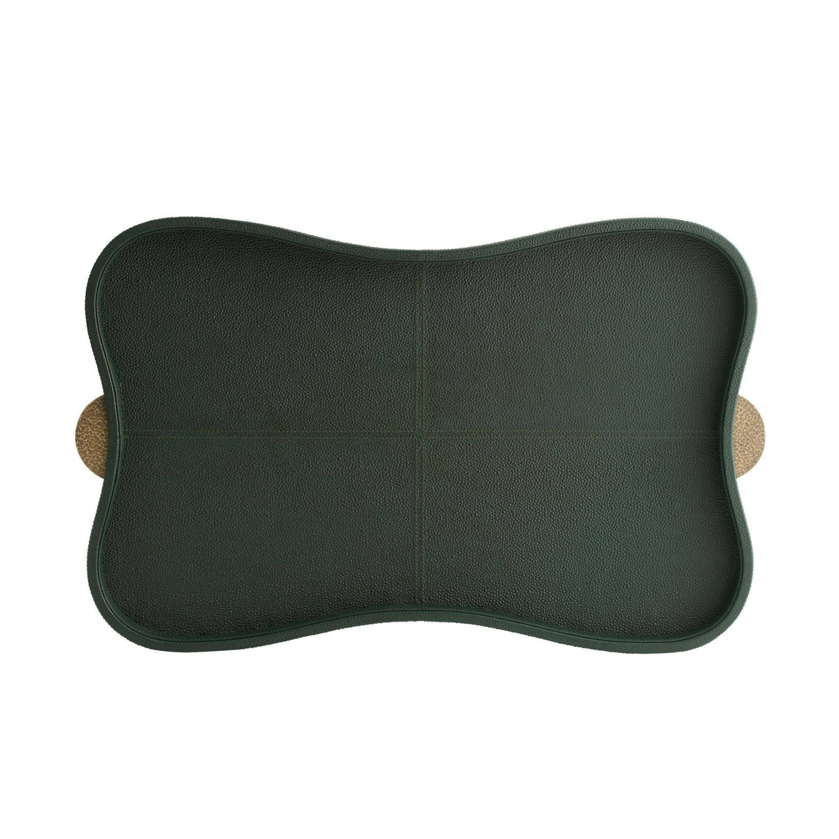 The Stohlman Tray by Arteriors features a dark green, rectangular design with curved sides, raised edges, and a small round light brown textured accent on one side.