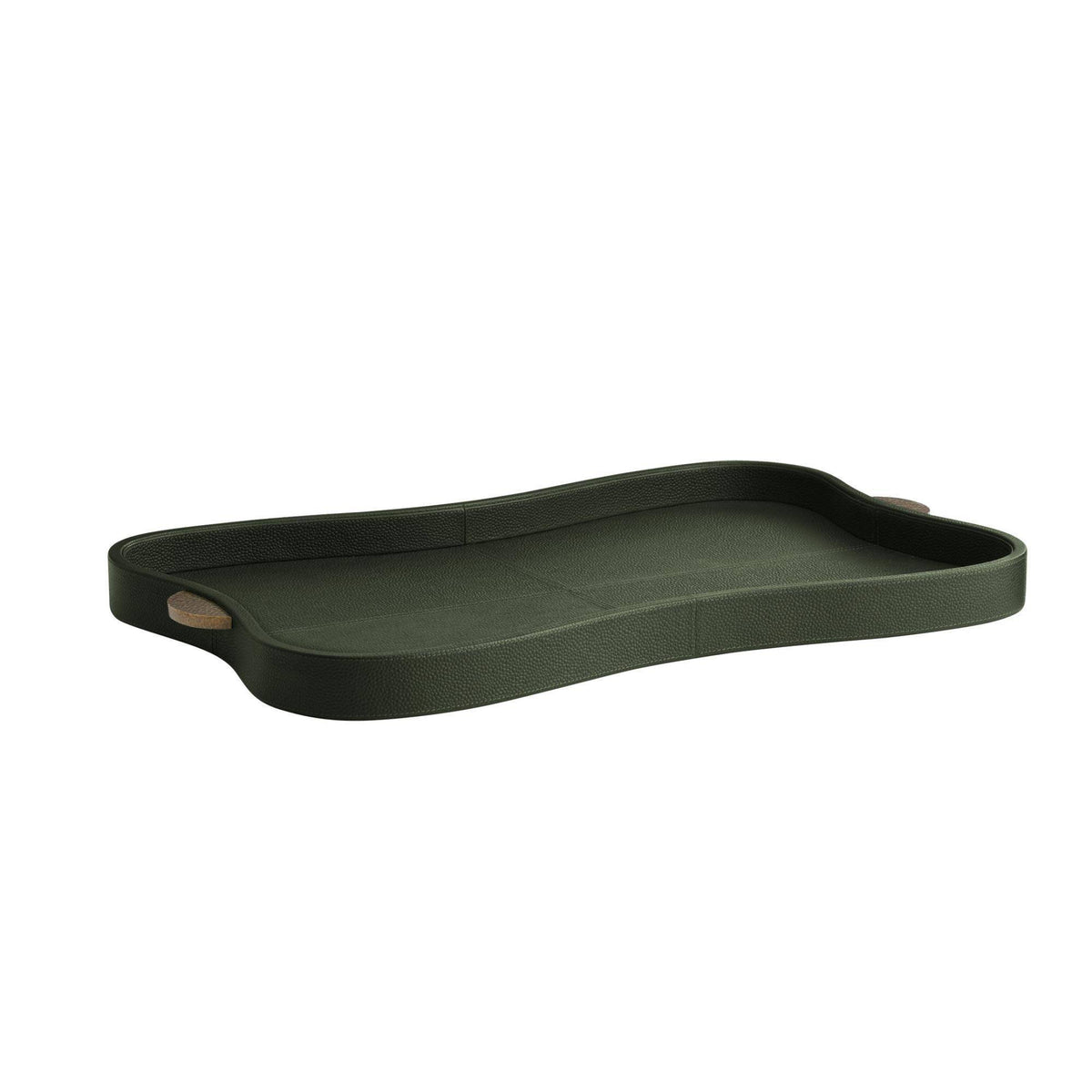 The Stohlman Tray by Arteriors is a dark green, rectangular modern tray in premium embossed leather with tan handles—perfect as a decorative organizer.