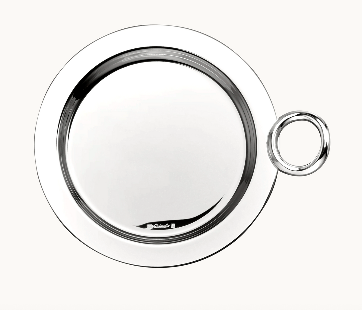 Circular silver-plated Vertigo Christofle Silver-Plated Bottle/Carafe Coaster with a thick rim and an attached side ring handle.