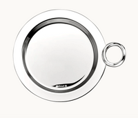 Circular silver-plated Vertigo Christofle Silver-Plated Bottle/Carafe Coaster with a thick rim and an attached side ring handle.