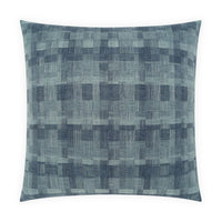 The Inlay Pillow Denim by D.V. KAP / Canaan Company features a blue and gray geometric pattern with overlapping rectangles and squares, offering a subtle three-dimensional, textured look for extra comfort.