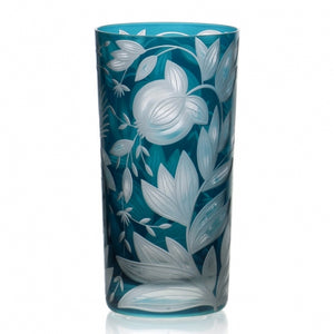 Teal Verdure Highball Jewel Colors glass decorated with an etched floral and pomegranate pattern.