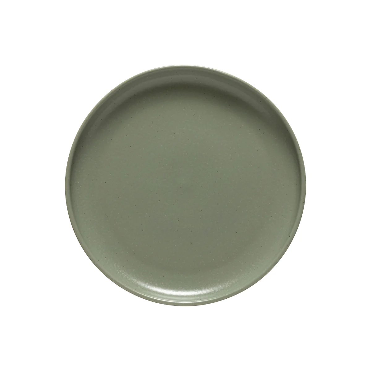 A plain, round, artichoke-green ceramic plate with a slightly raised rim, shown from above on a white background, evokes the understated elegance of Casafina/Costa Nova’s Pacifica Dinnerware—an ideal choice for those seeking luxury tableware with timeless appeal.
