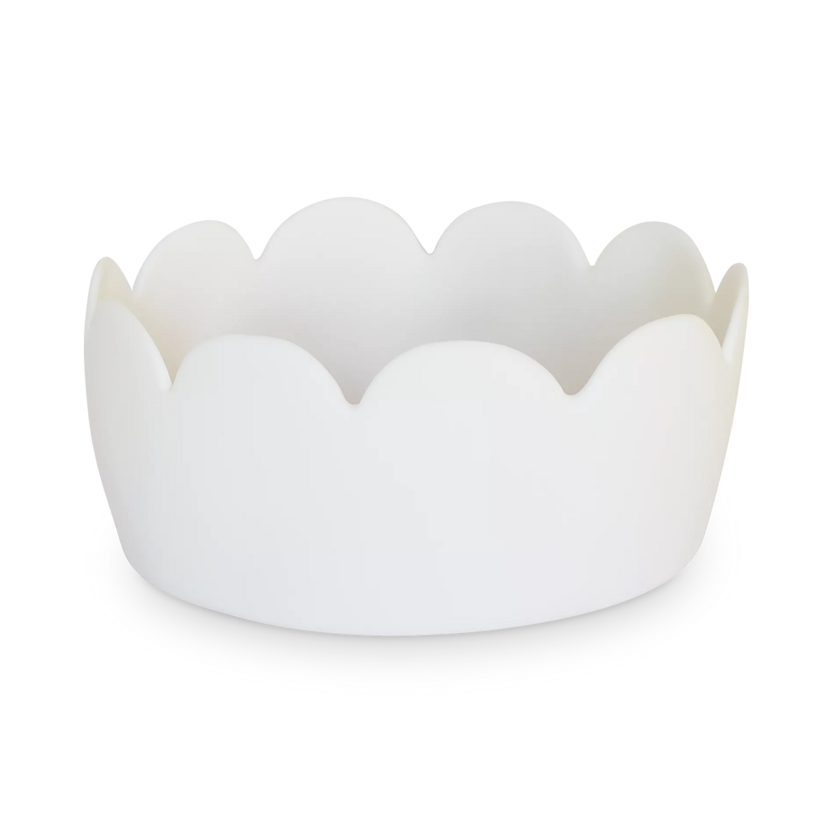 The Tina Frey Fleur Bowl White features a round shape with scalloped edges, handcrafted from resin and photographed against a simple white background.
