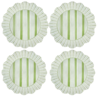 Four round, seagrass-green and white striped Juliska Cabana Stripe melamine plates with ruffled edges are arranged in a 2x2 grid on a white background. Each shatterproof plate is dishwasher safe for easy cleaning. Set of 4.