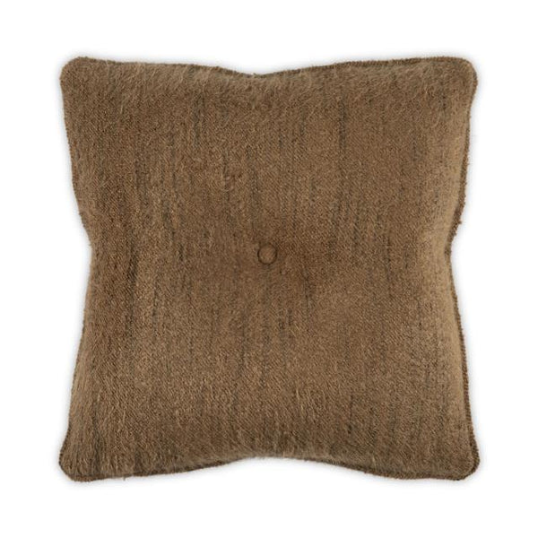 A Moss Studio Buttoned Nest Pillow in copper, measuring 22 x 22 inches, square-shaped with a rich brown texture and a central button tufted accent, is shown from above on a white background.