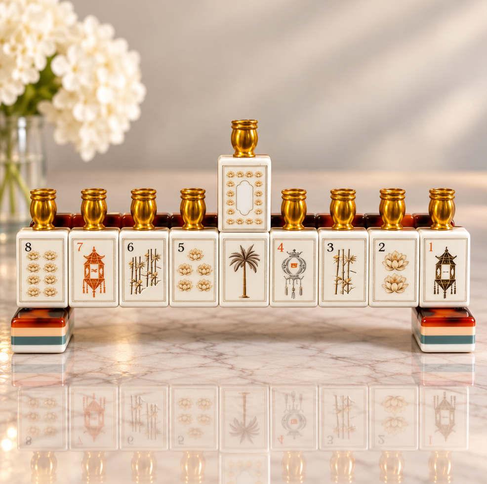 The Mah Jong Menorah - Amber Tortoise is composed of nine amber-colored Mah Jong tiles, each topped with a small gold candle holder and arranged in a row with a central raised tile.