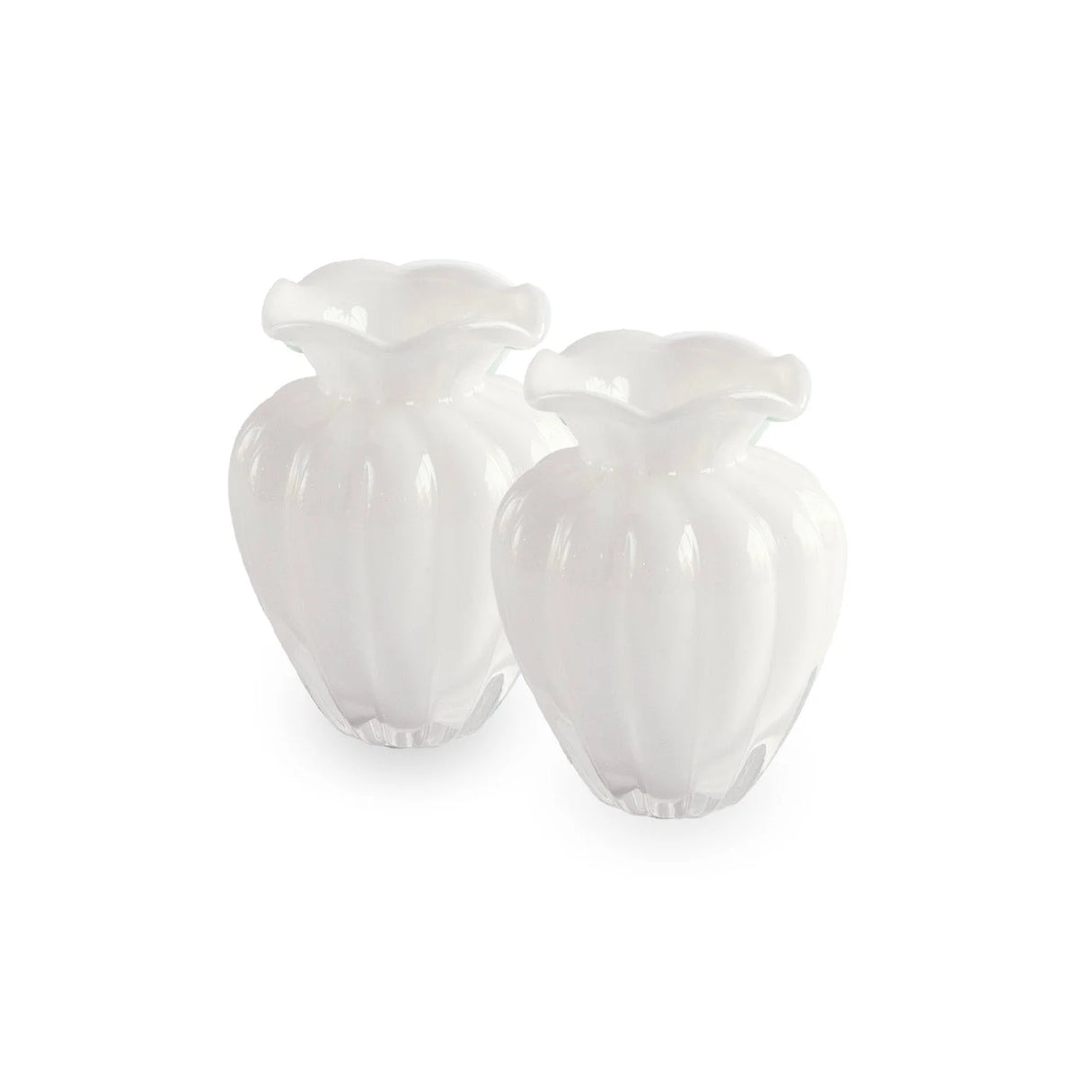 The Beatriz Ball Glass Vento Vase Set of 2 in Cream (Small) features two identical vases with fluted, wavy rims and rounded, bulbous bodies, displayed against a plain white background.