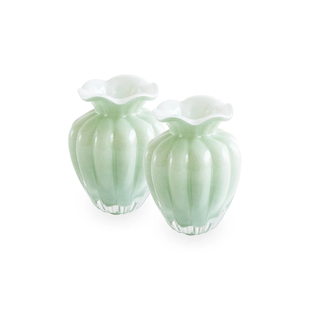 The Beatriz Ball Glass Vento Vase Set of 2 in Pistachio (Small) features matching handcrafted vases with fluted sides and wide, ruffled white openings, displayed side by side on a white background.