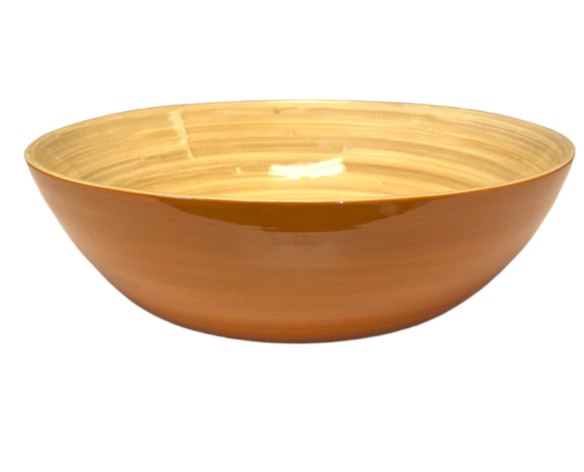 The Albert L Bamboo Classic Serving Bowl 11.7" features a large, round, glossy design with a golden-brown exterior and lighter interior—eco-friendly and food-safe, ideal for any table.