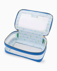 A blue Oh My Mahjong Mahjong Tile Storage Bag with a zippered closure is opened to reveal its light blue and white patterned interior, showcasing multiple compartments and a convenient flap for organizing tiles, all set against a plain white background.