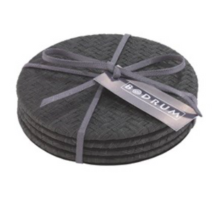 The Wicker Easy Care Coaster Set by Bodrum features four round, dark wicker coasters stacked and tied with a gray ribbon, complete with a rectangular “Bodrum” tag.