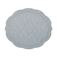 The Kim Seybert Tailored Placemat Set of 4 in Steel Grey features wavy edges, a subtle stitched border, and a smooth texture, shown from above on a white background.