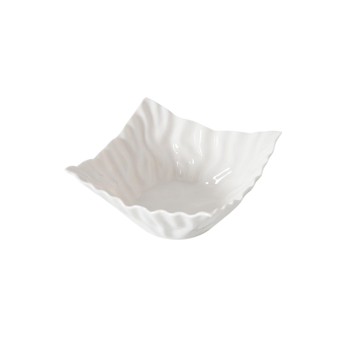 The Mascali Snack Bowl Square by PAMPA BAY is a white, porcelain bowl with a wavy textured rim and subtle patterned surface, shown against a plain white background.