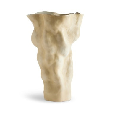 The Timna Vase Latte - Tall by L'Objet is a tall ceramic vase with an organic, uneven texture and wavy rim, inspired by ancient porcelain near King Solomon's Mines, finished in a matte off-white shade.