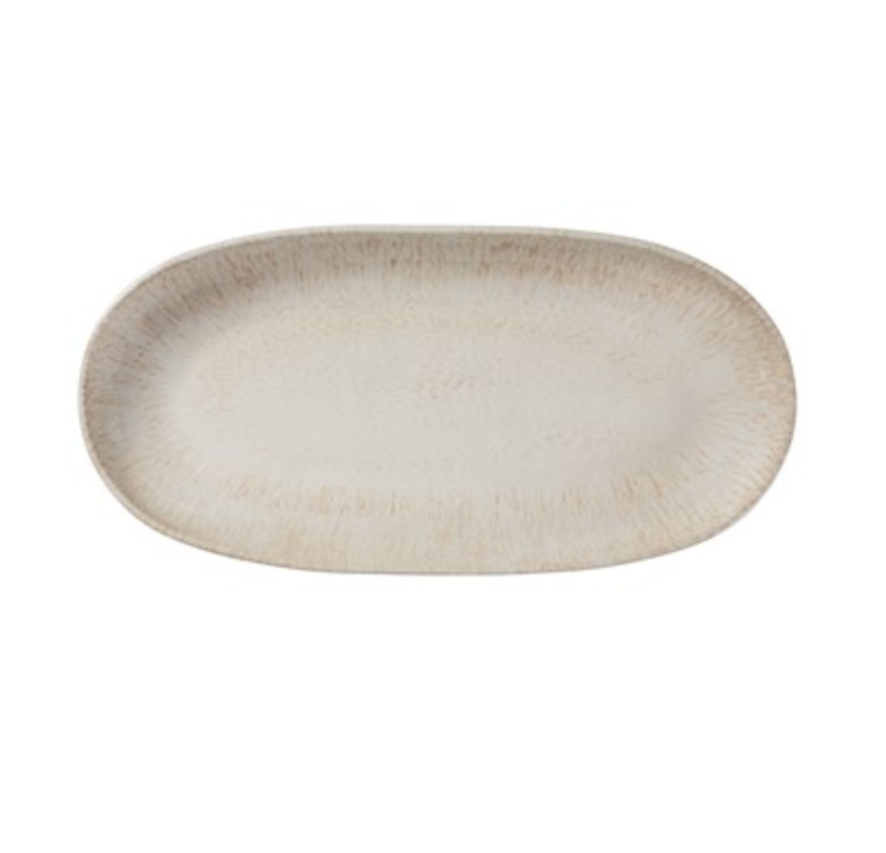 The Merritt Reactive Glaze Melamine Beige Oval Appetizer Tray features a subtle beige and light brown speckled pattern for a stoneware look, displayed on a white background.