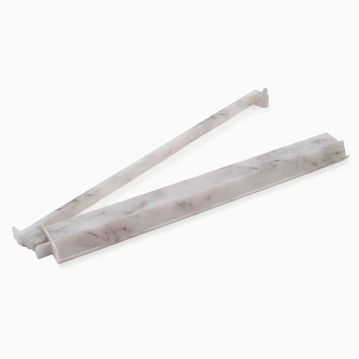 Two white, marble-patterned plastic drawer dividers from the Oh My Mahjong brand are shown on a plain white background. Inspired by the sleek design of the Mahjong Rack & Pusher Set - Carrara, each divider features adjustable ends to fit various drawer sizes.