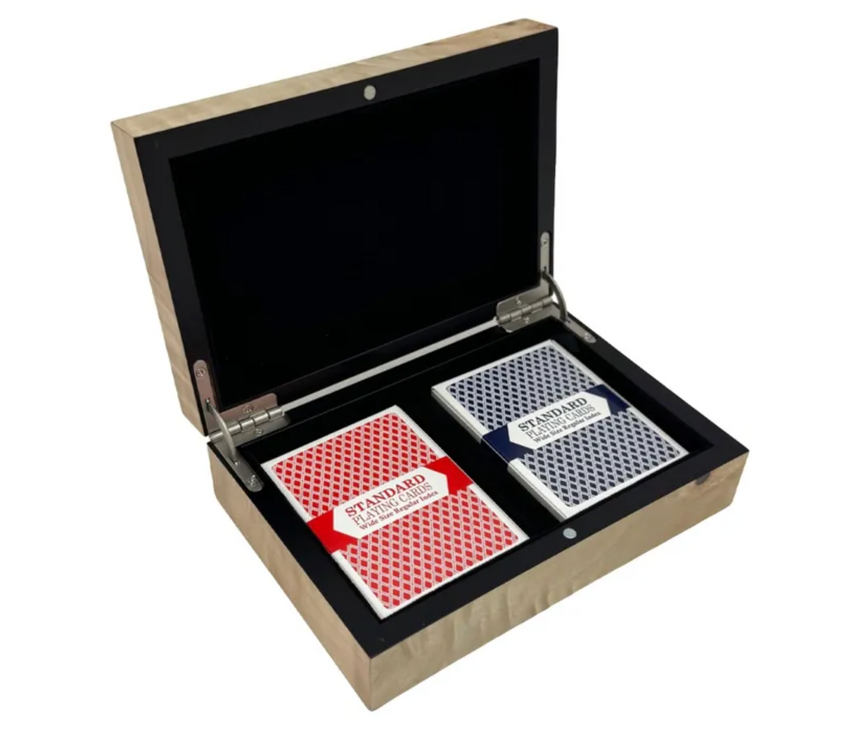 Wooden box with two sets of playing cards inside on a white background