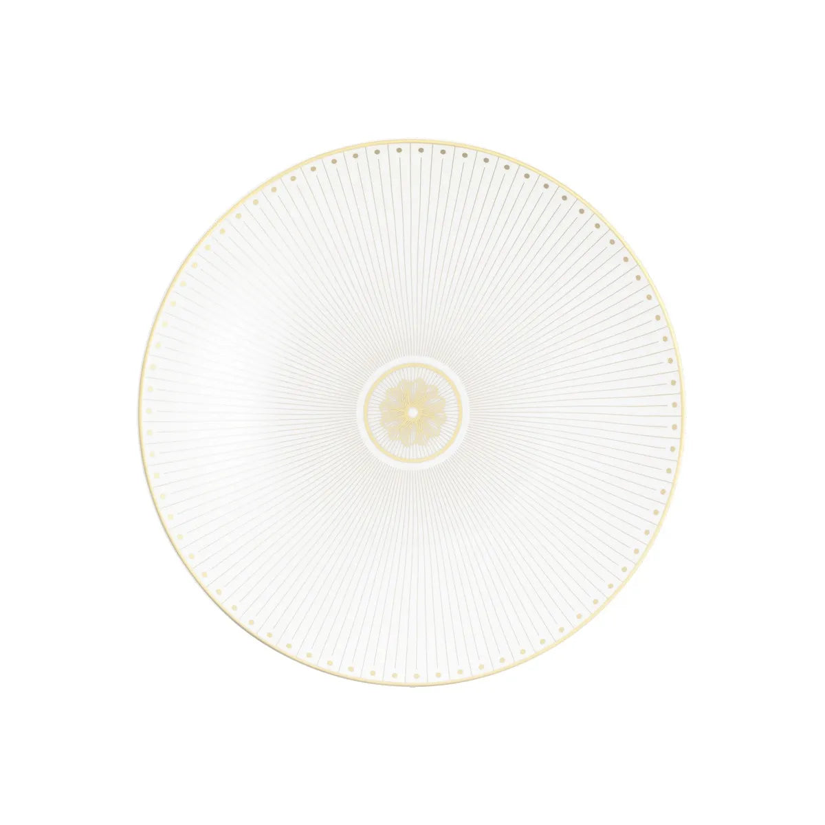 Christofle Malmaison Imperiale Porcelain Dinnerware Gold dinner plate in white porcelain, featuring a central gold floral emblem surrounded by radiating fine lines and a gold-dotted rim.