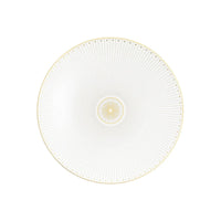 Christofle Malmaison Imperiale Porcelain Dinnerware Gold dinner plate in white porcelain, featuring a central gold floral emblem surrounded by radiating fine lines and a gold-dotted rim.